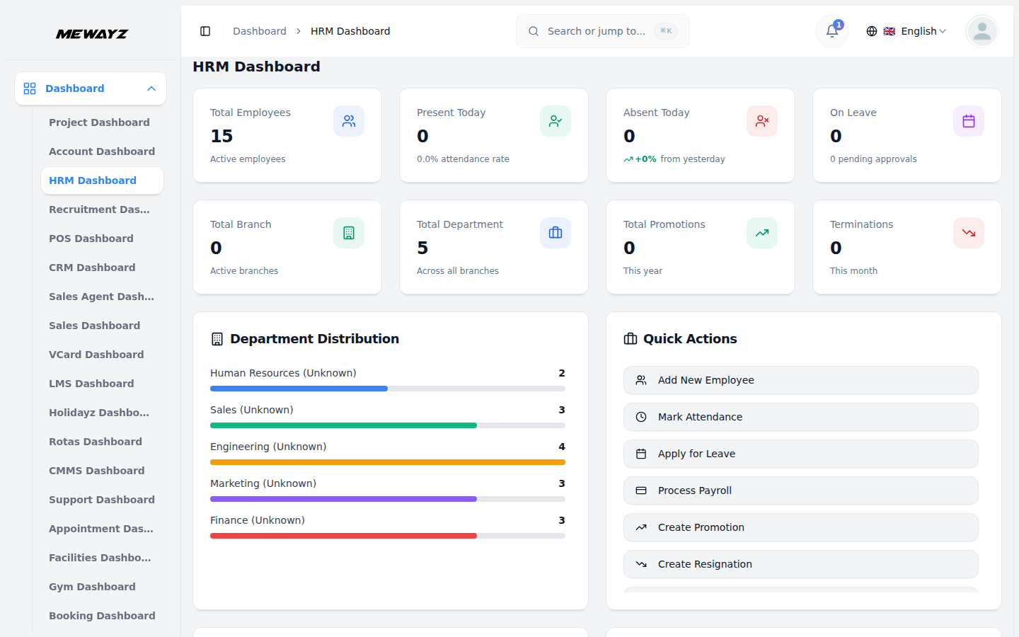 Mewayz HR dashboard — employees, payroll and time off