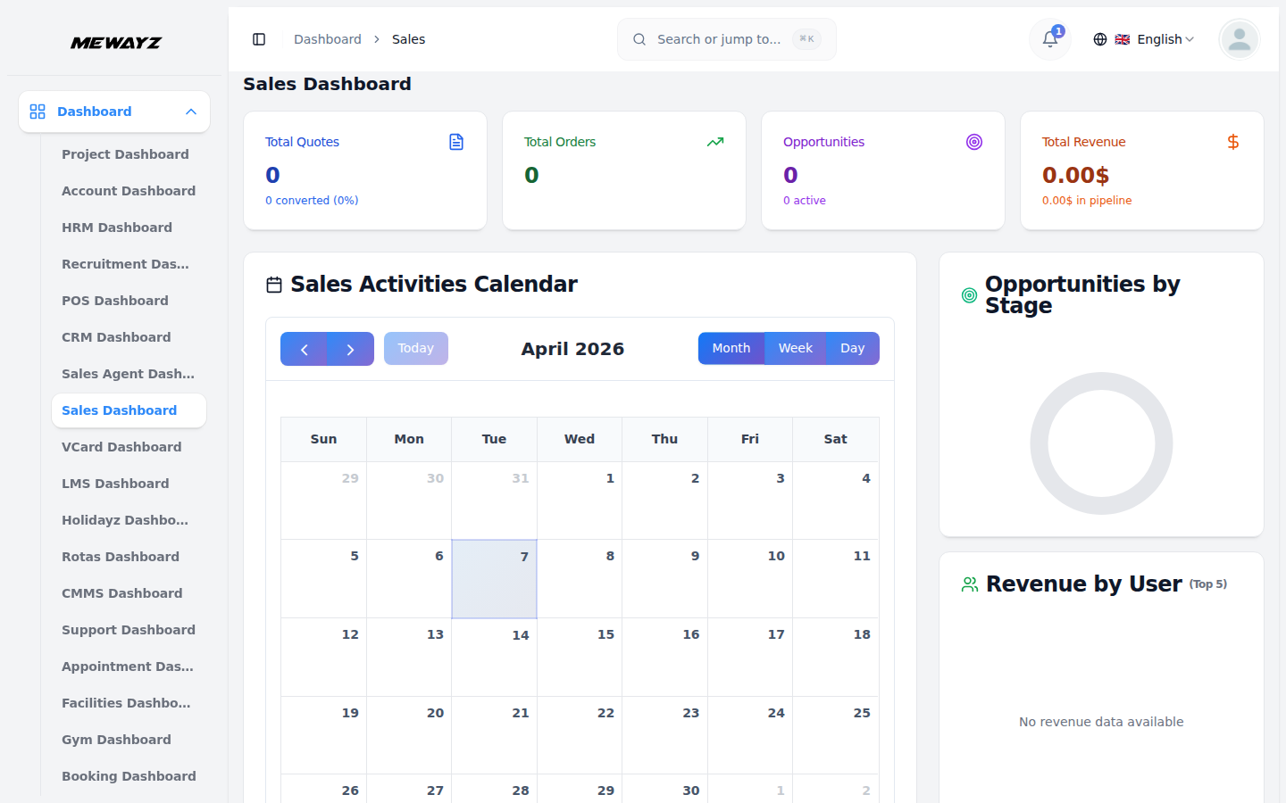 Mewayz sales dashboard with revenue tracking and deal analytics