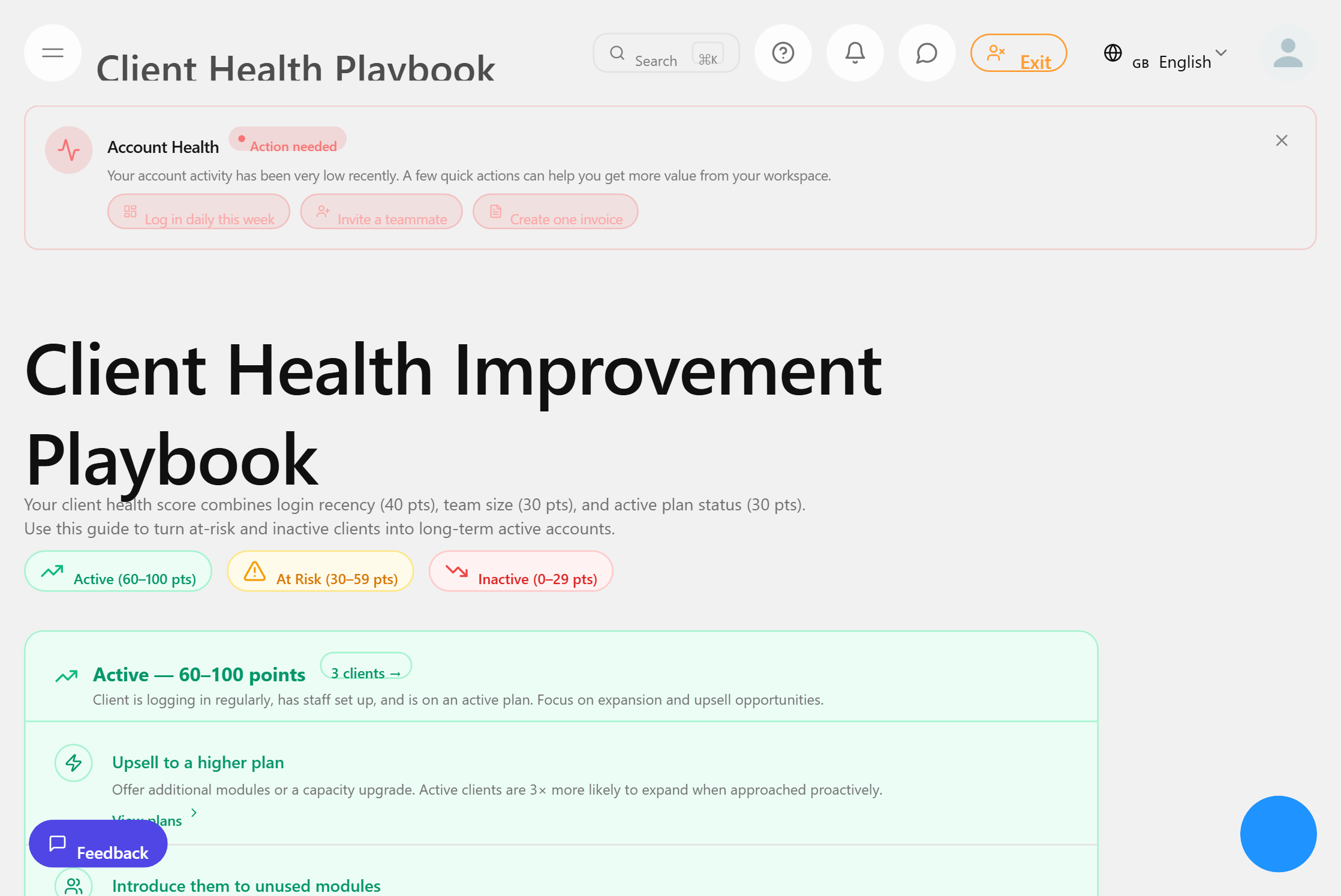 Client health playbook and scoring